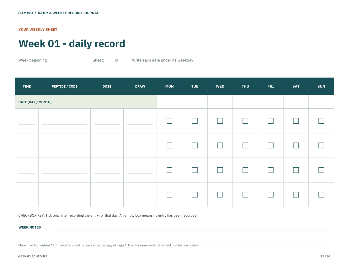 Blank weekly journal with Time, Peptide and code, Dose, Draw, and all seven dated weekday columns