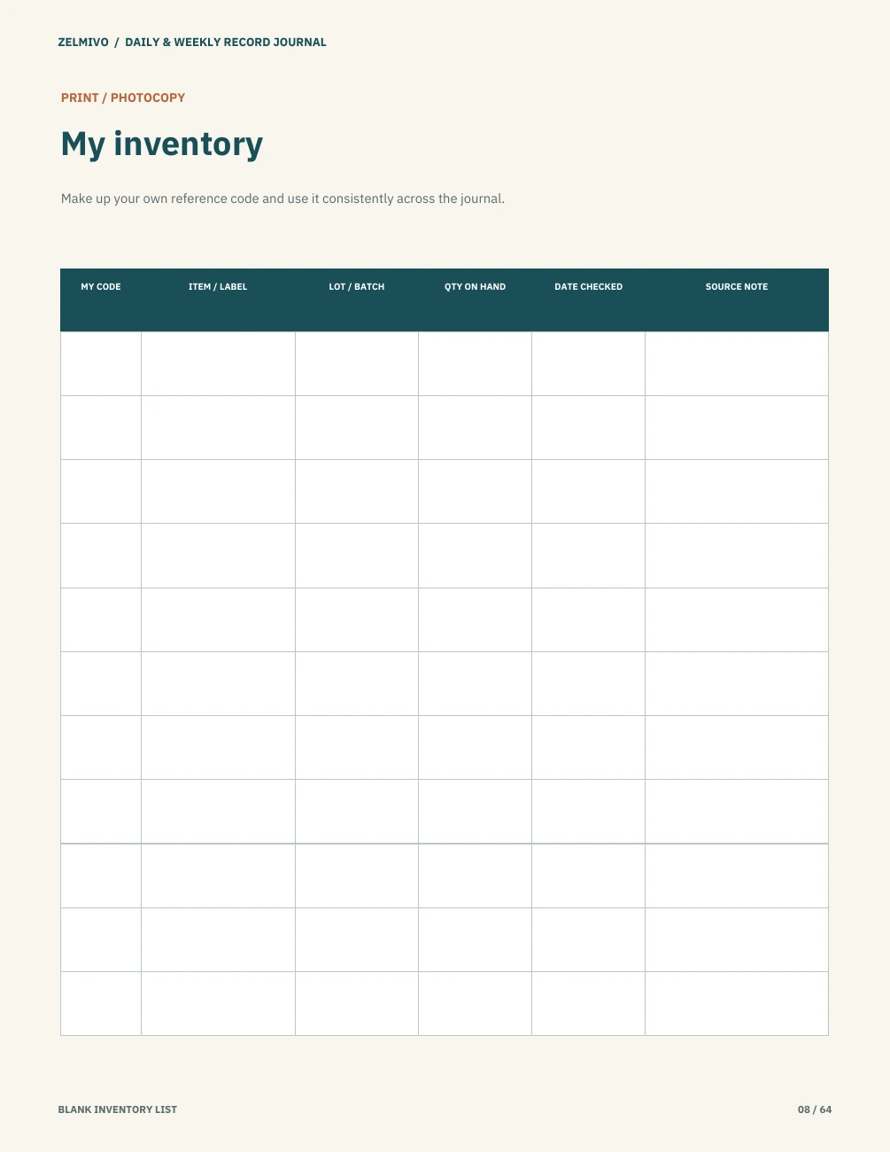 Blank inventory page showing the journal record columns