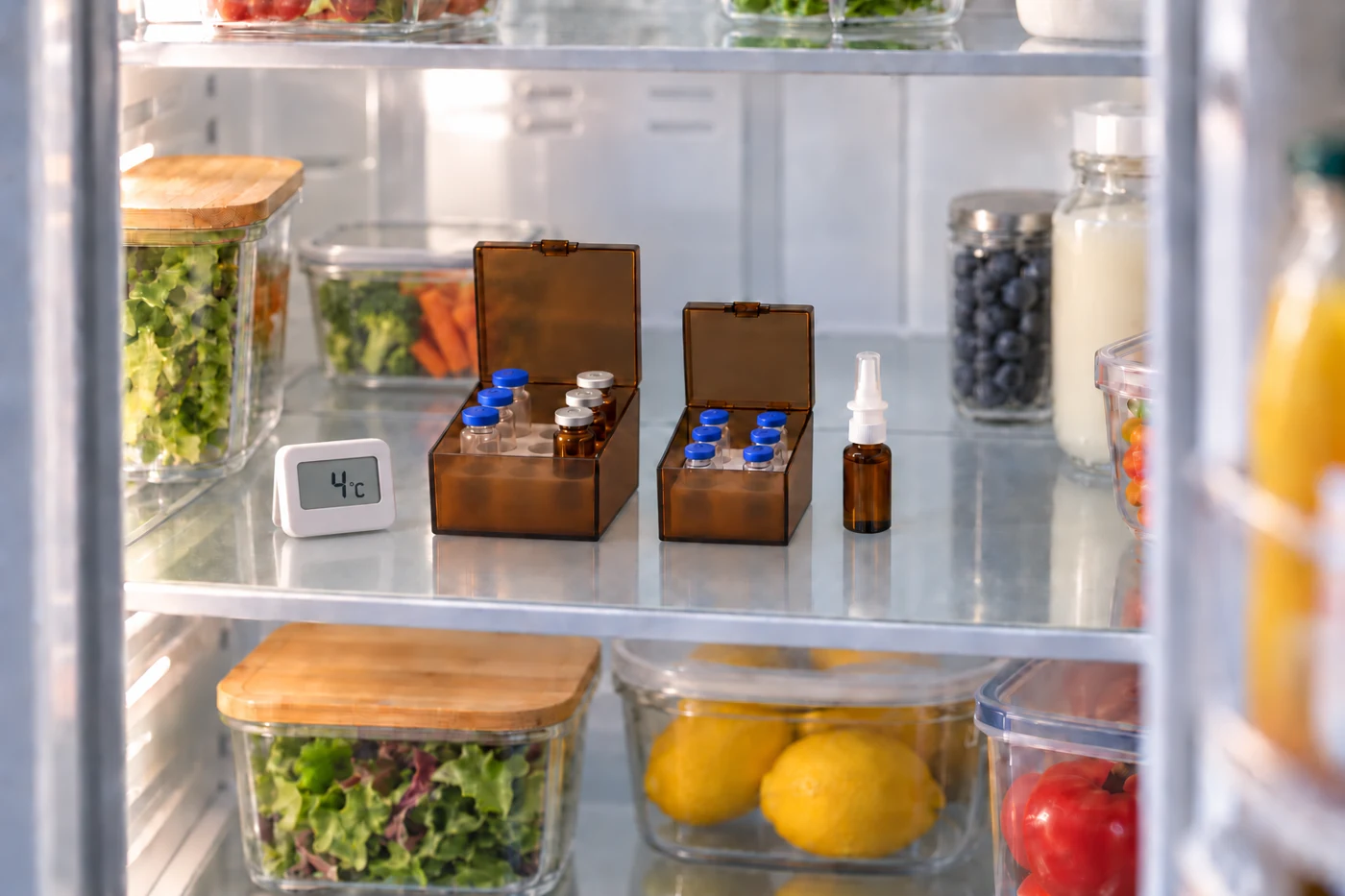 Illustrative refrigerated organisers and a thermometer reading 4 degrees Celsius