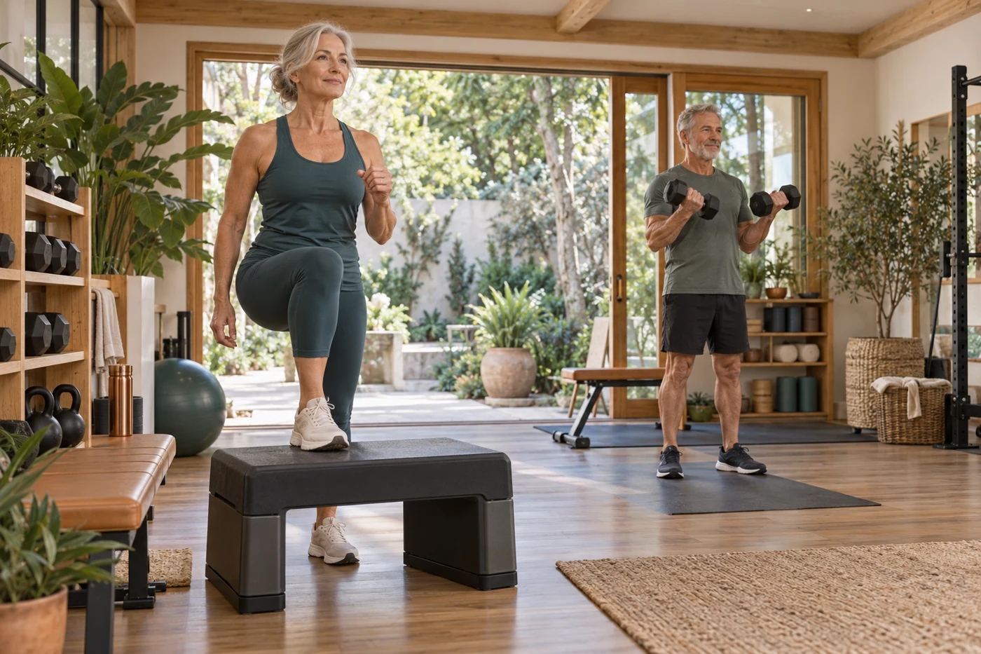 An older couple exercising with a step and dumbbells in a bright home studio